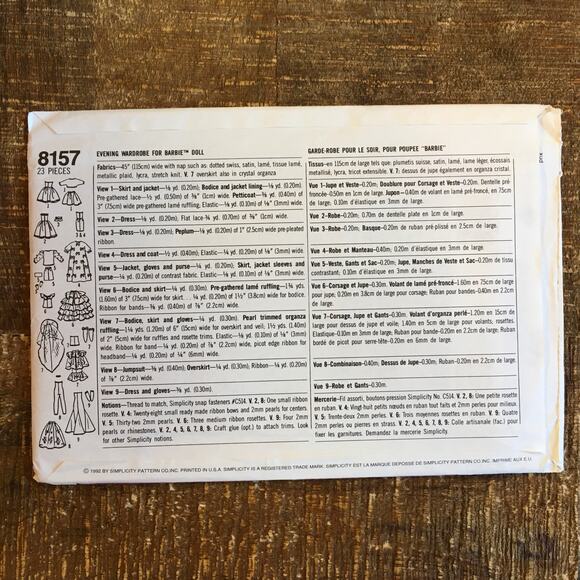 Simplicity Sewing Pattern 8157 11.5" Doll Dress Evening Wardrobe  Barbie UNCUT - Picture 2 of 2